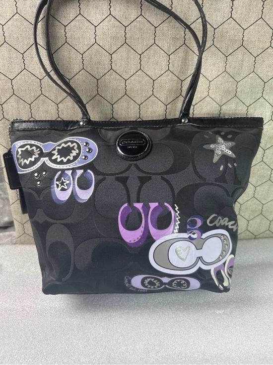 Coach Handbags - Coach Black Tote with Purple and Lavender Graphic Accents
